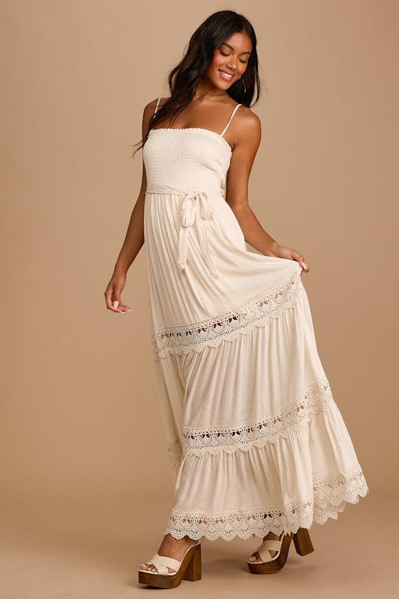 All This Time Cream Smocked Tiered Maxi Dress 6
