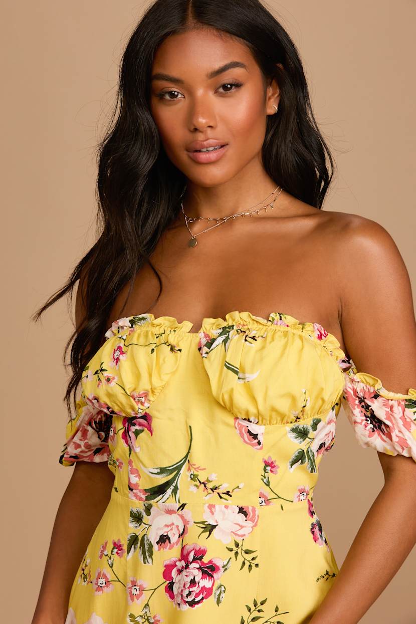 yellow floral off the shoulder dress Ruched Off the Shoulder A Line Butter Yellow Floral Prom Dress