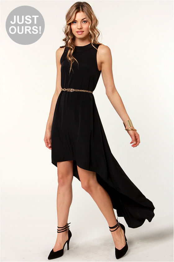 black sleeveless high low dress