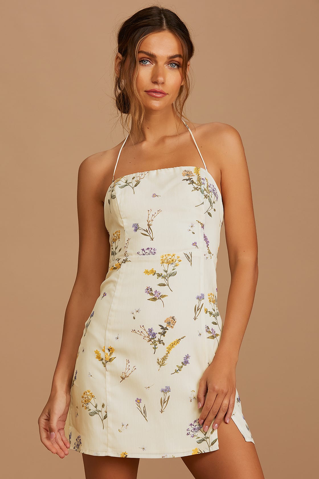 Catch the Bouquet Cream Floral Print Halter Lace-Up Mini Dress