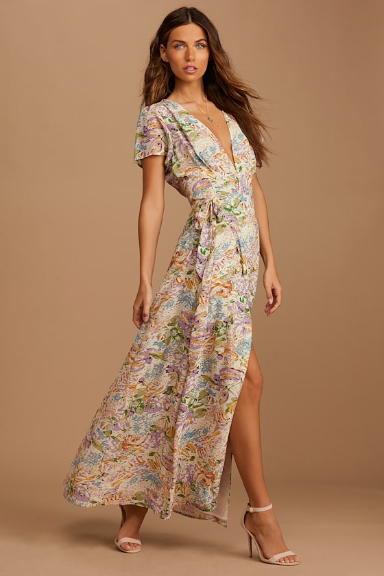 Feels Magical Ivory Floral Print Short Sleeve Wrap Maxi Dress 2