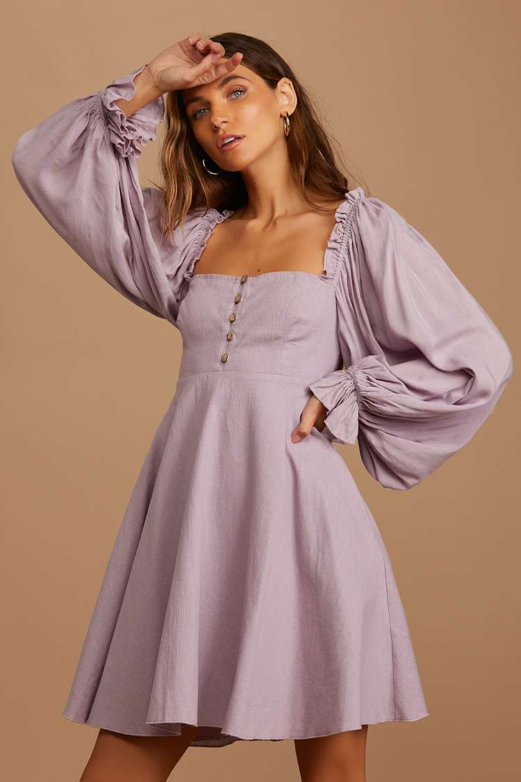 Lilac Mini Dress - Button-Up Dress - Long Sleeve Mini Dress
