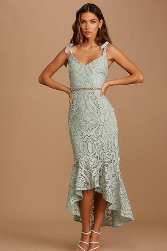 Won Your Heart Sage Green Lace Tie-Strap High-Low Midi Dress