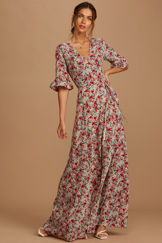 Lulus | September Sunsets White Multi Floral Print Wrap Maxi Dress | Size Small
