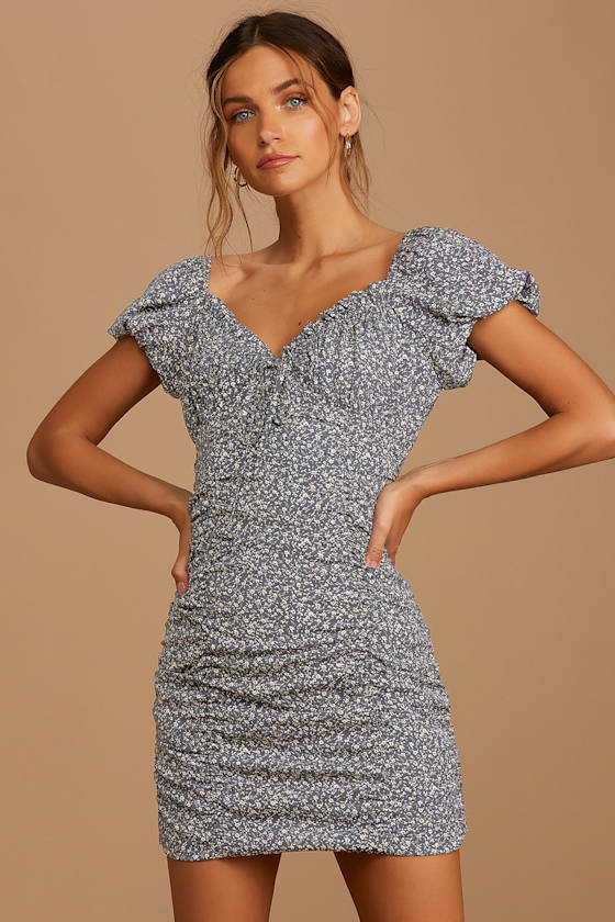 Reason to Be Dusty Blue Floral Print Off-the-Shoulder Mini Dress 1