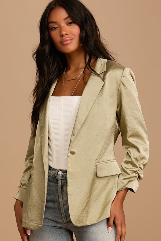 Sage Green Blazer Satin Blazer Ruched Sleeve Blazer Lulus