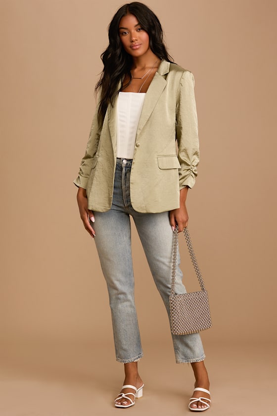 Sage Green Blazer Satin Blazer Ruched Sleeve Blazer Lulus