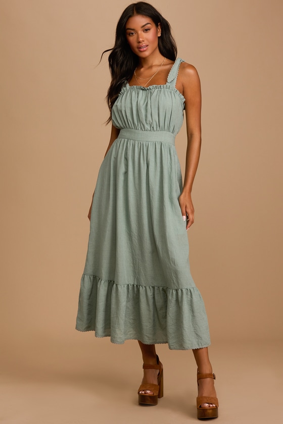 Sage Green Dress - Ruffled Tie-Strap Dress - Tiered Midi Dress - Lulus