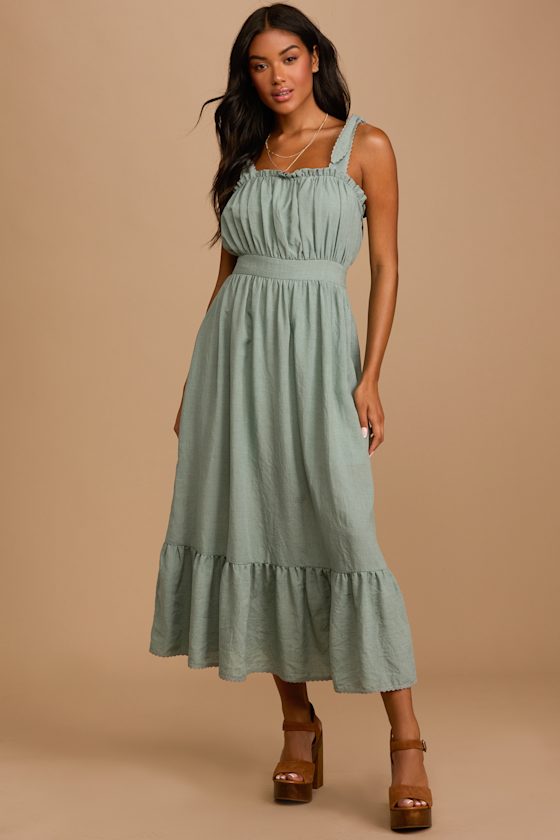 Sage Green Dress Ruffled TieStrap Dress Tiered Midi Dress Lulus