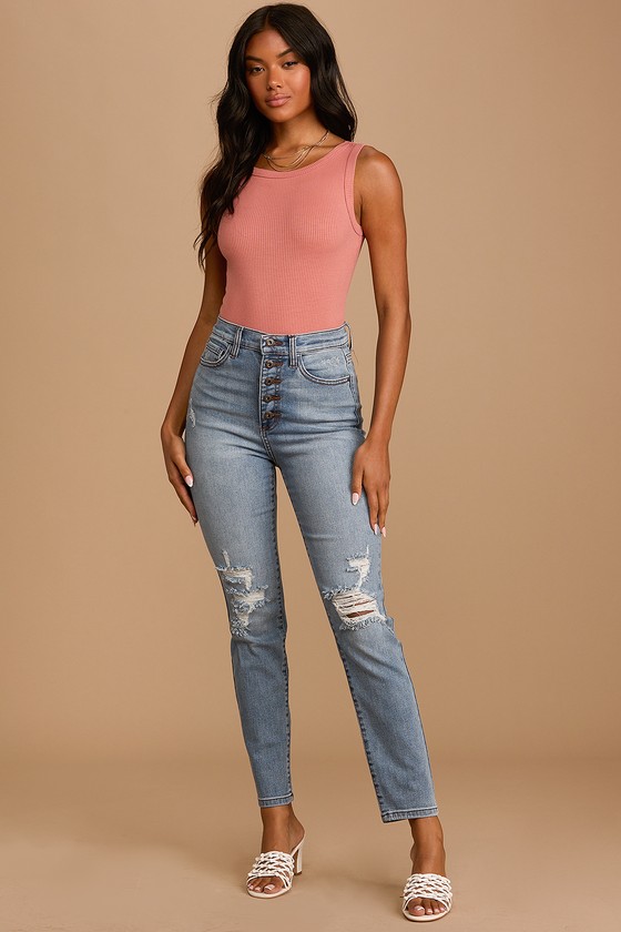 high rise distressed jeans