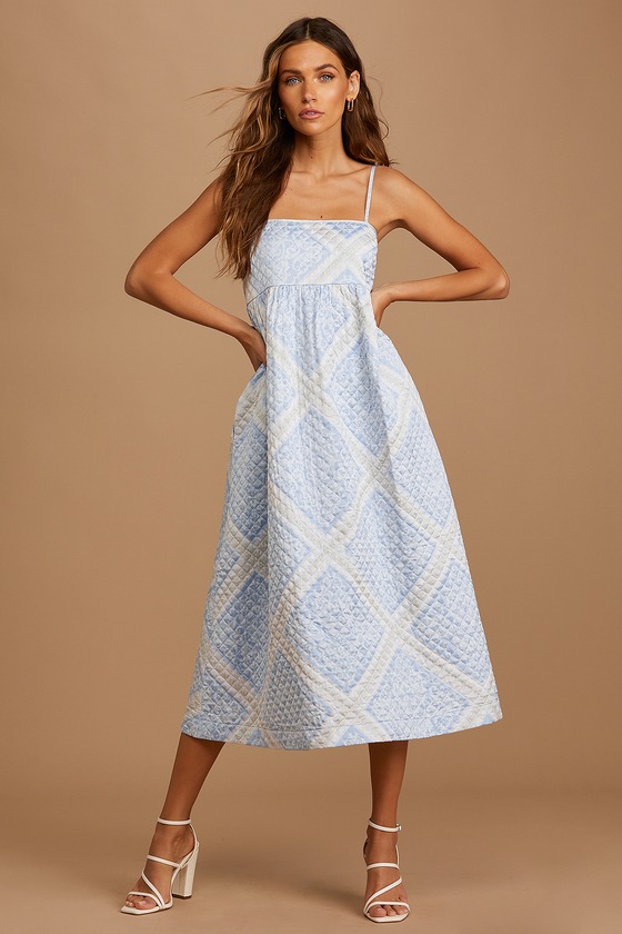 En Saison Quilted Midi Dress - Blue Print Dress - Satin Dress - Lulus