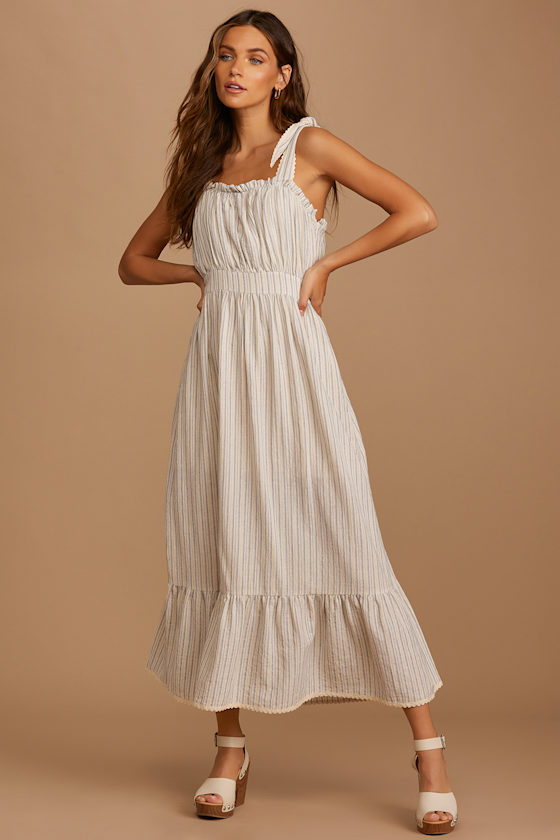 Cream Striped Dress Ruffled TieStrap Dress Tiered Midi Dress Lulus
