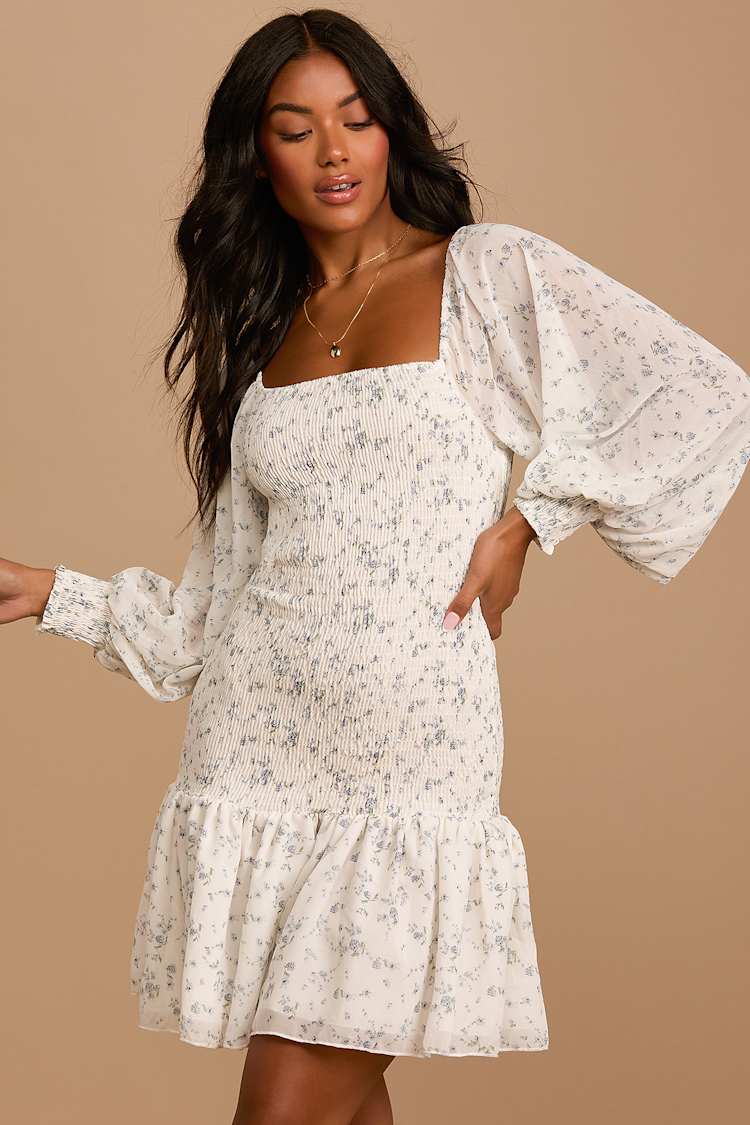 ivory floral print dress - Smocked Mini Dress - Long Sleeve Dress details:organza
