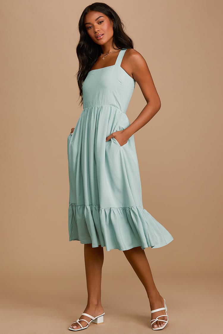 Light Blue Dress - Tiered Midi Dress - Square Neck Dress - Lulus