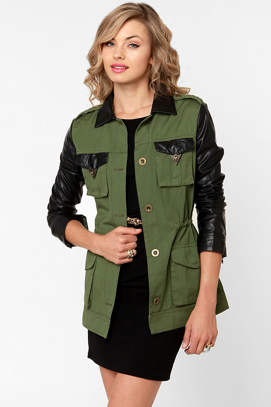 Rebel Yell Army Green and Vegan Leather Military Jacket