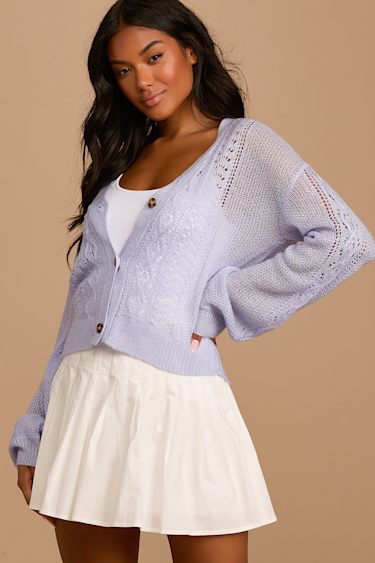 Harvest Season Periwinkle Blue Pointelle Knit Cardigan Sweater