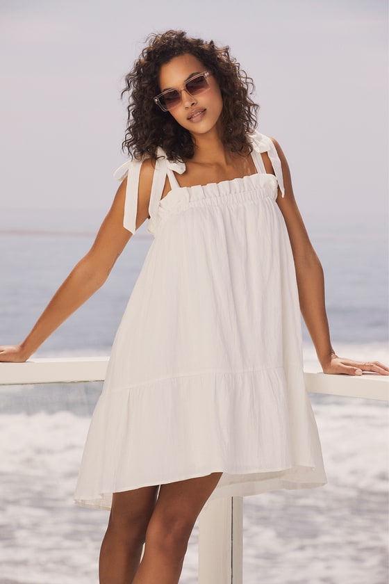White Mini Dress - Mini Swing Dress - Cotton Tie-Strap Dress - Lulus