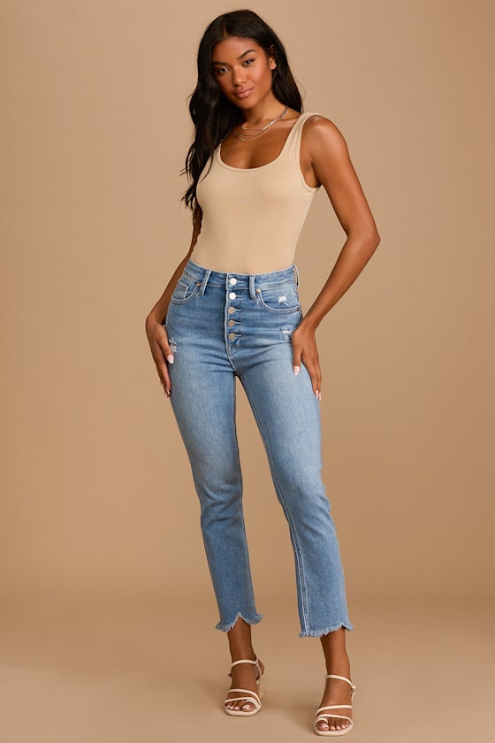 Top Choice Light Wash Distressed Denim High Rise Straight Jeans 2