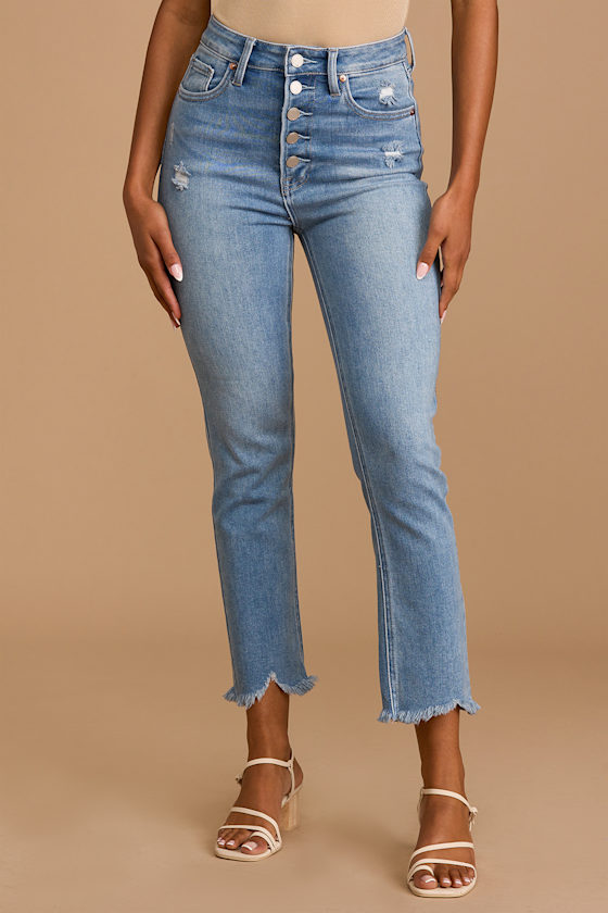 Top Choice Light Wash Distressed Denim High Rise Straight Jeans 3