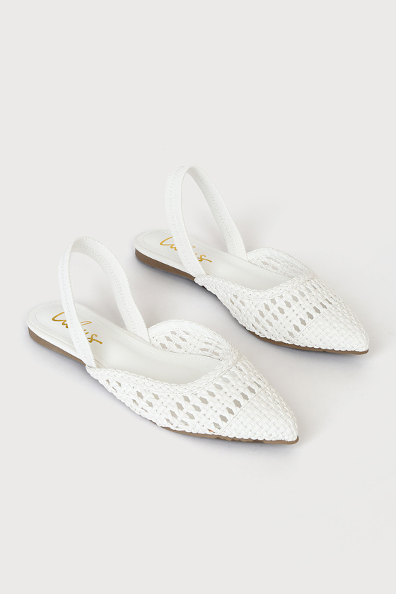 Maeey White Woven Pointed-Toe Slingback Flats 1