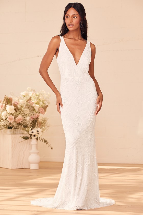 White Sequin Dress Hand Beaded Wedding Dress Maxi Dress Lulus