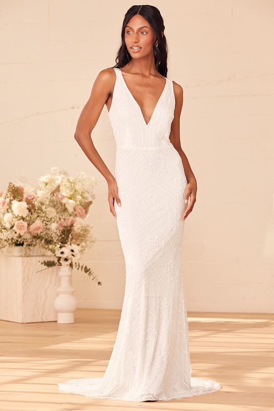 The Sweetest Vows White Beaded Sequin Mermaid Maxi Dress 1