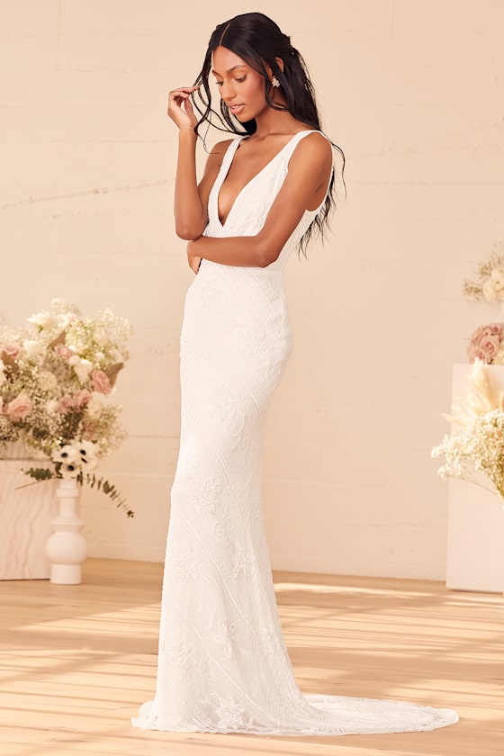 The Sweetest Vows White Beaded Sequin Mermaid Maxi Dress 2