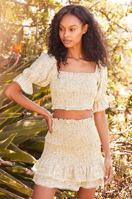 Too Darling Light Yellow Floral Print Smocked Mini Skirt 1