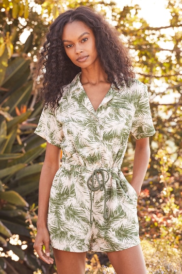 Cool, Palm, Collected Green Leaf Print Short Sleeve Romper