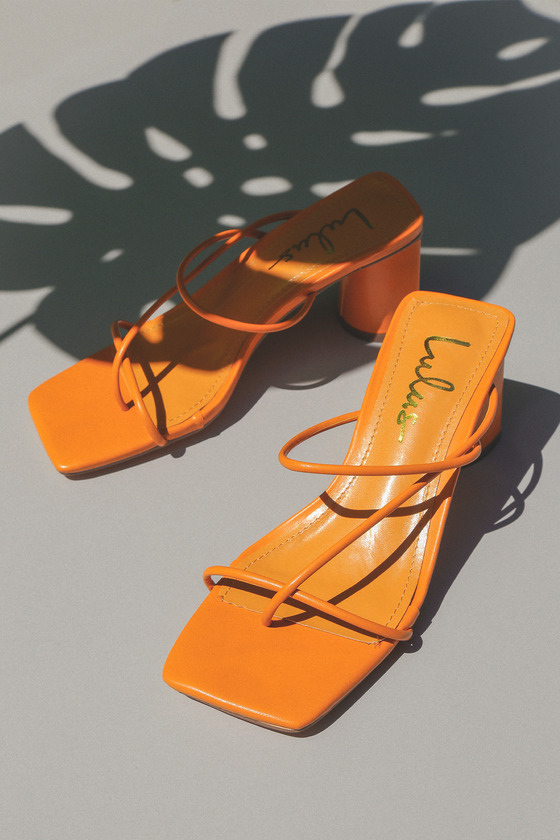 Divine Neon Orange PU Strappy Lace Up Square Toe Mid Stiletto Heels |  Public Desire
