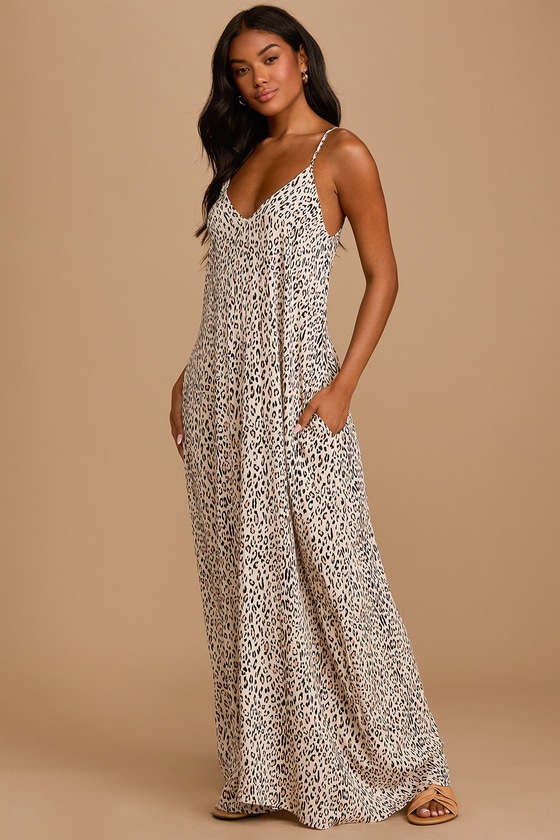 Walk On the Wild Side Beige Leopard Print Sleeveless Maxi Dress