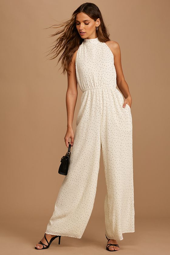 Cream Polka Dot Jumpsuit Chiffon Jumpsuit Halter Jumpsuit Lulus