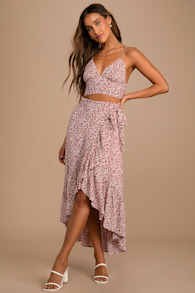 Summer Romance Rust Brown Floral Print Two-Piece Midi Dress 1