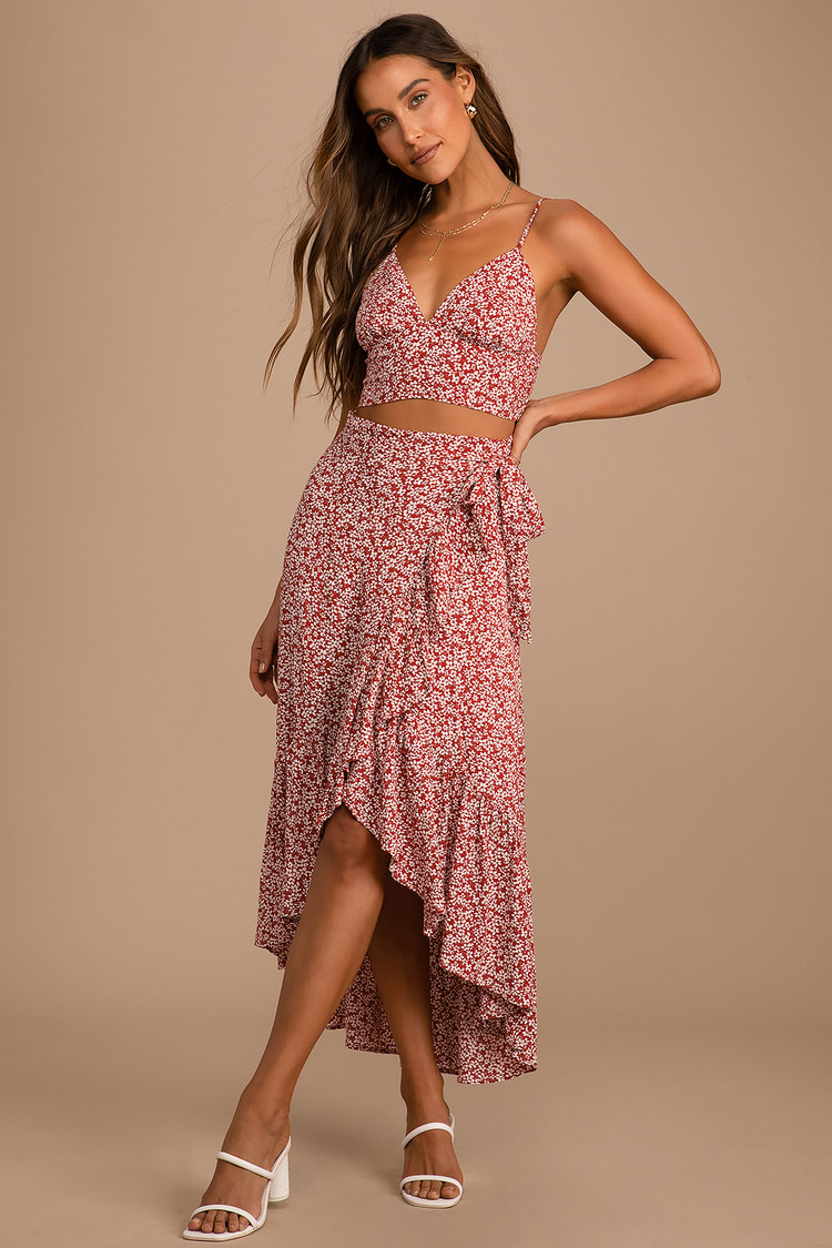 Summer Romance Rust Brown Floral Print Two-Piece Midi Dress