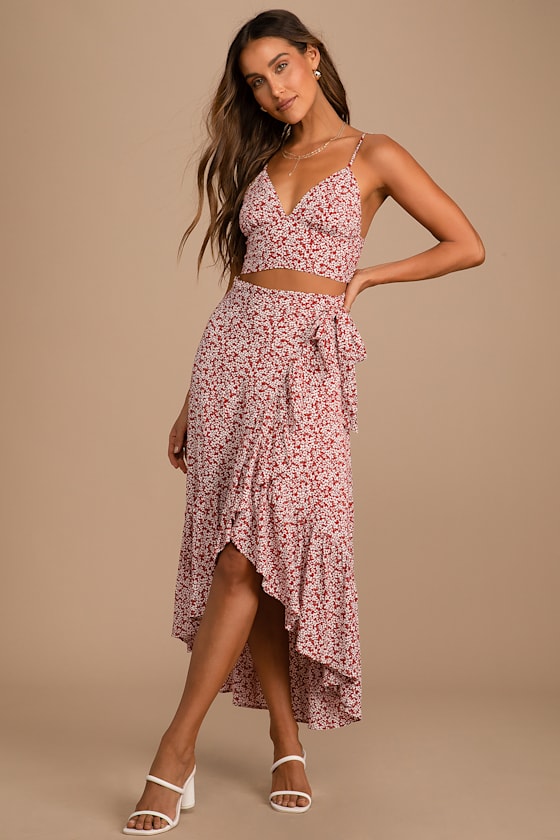 Summer Romance Rust Brown Floral Print Two-Piece Midi Dress 1