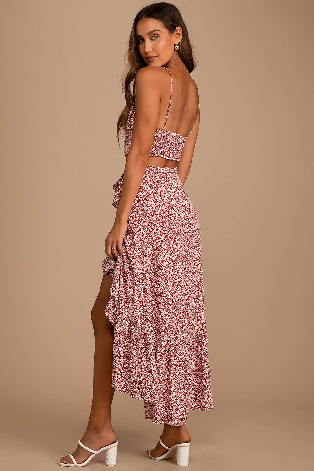 Summer Romance Rust Brown Floral Print Two-Piece Midi Dress