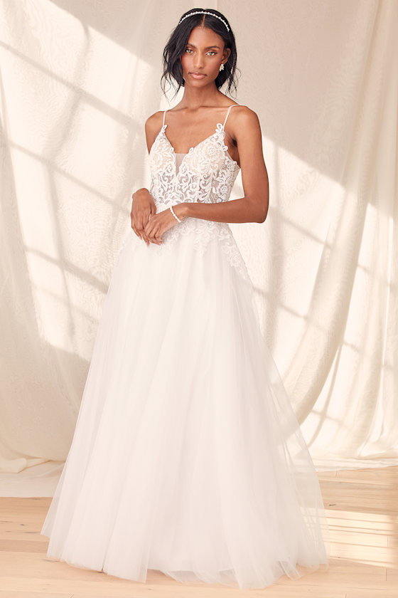In Amazement White Tulle Embroidered Sleeveless Gown 1