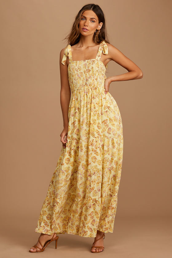 Set On Sunshine Yellow Floral Print Smocked Tie-Strap Maxi Dress 1
