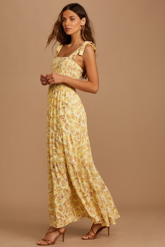 Set On Sunshine Yellow Floral Print Smocked Tie-Strap Maxi Dress 2