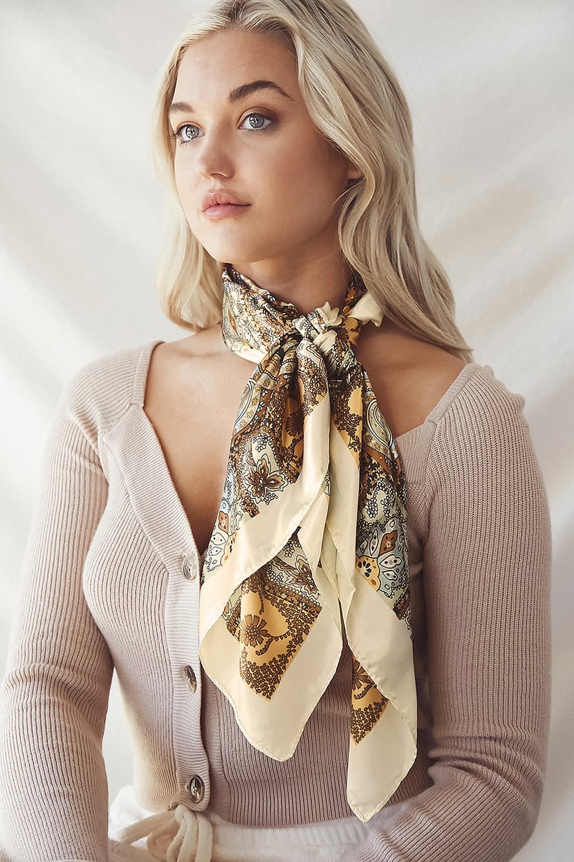 Cream and Brown Scarf - Satin Scarf - Paisley Print Handkerchief