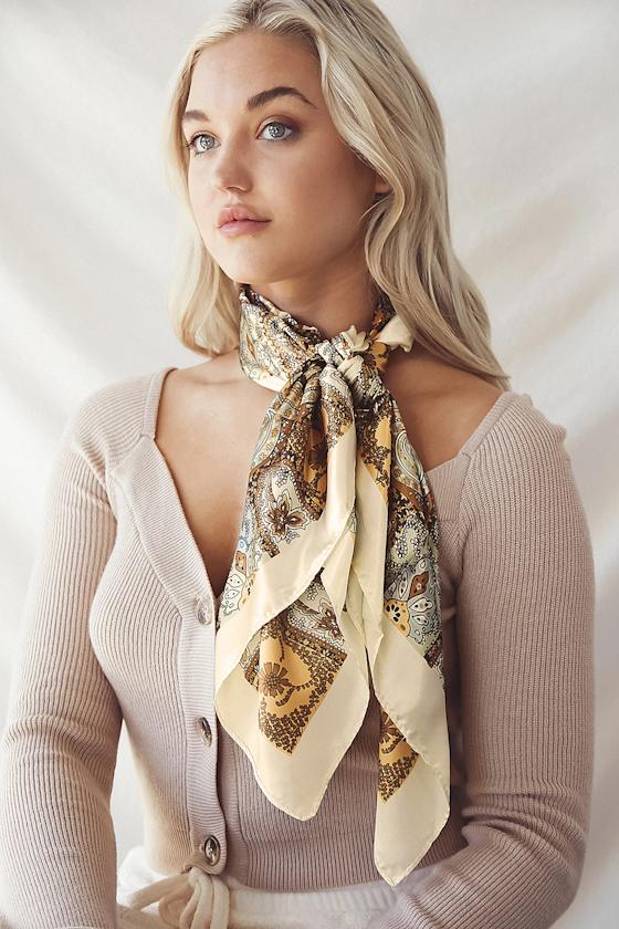 Sweetly Me Cream and Brown Paisley Print Satin Scarf 6