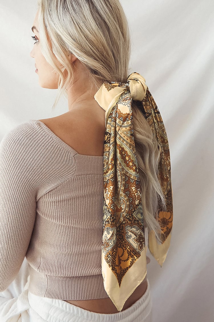 Sweetly Me Cream and Brown Paisley Print Satin Scarf