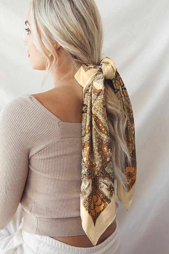 Sweetly Me Cream and Brown Paisley Print Satin Scarf 2