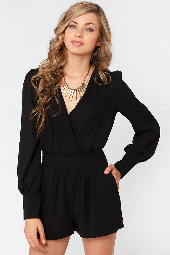 Pretty Black Romper Sexy Romper Long Sleeve Romper 50.00 Lulus