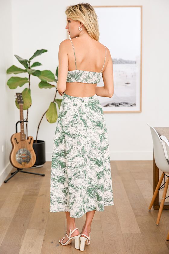 Leaves in the Breeze Green Leaf Print Backless Midi Dress 3