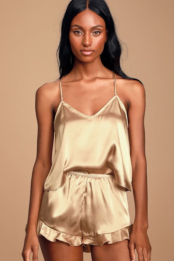 Sweetest Dreams Gold Satin Ruffled Two-Piece Pajama Set 7
