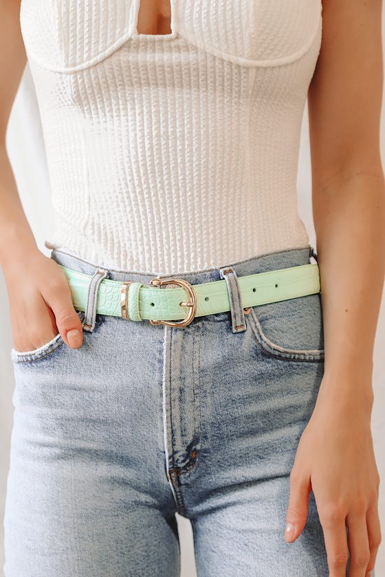 Go All In Mint Green and Gold Crocodile-Embossed Belt 1