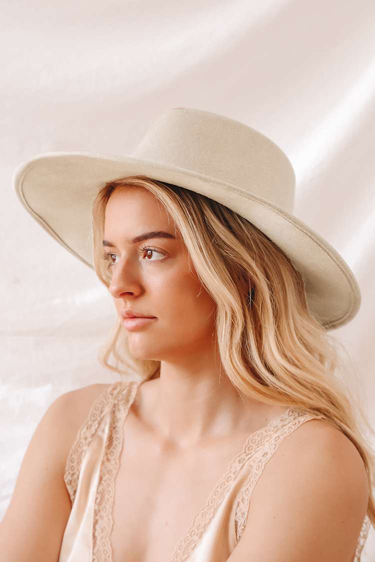 Beige Hat - Vegan Suede Tan Hat - Suede Fedora Hat - Boho  display picture 2