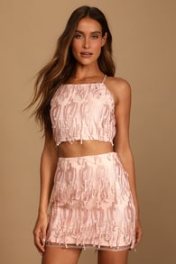 Dancing in a Dream Blush Fringe Lace-Up Two-Piece Mini Dress