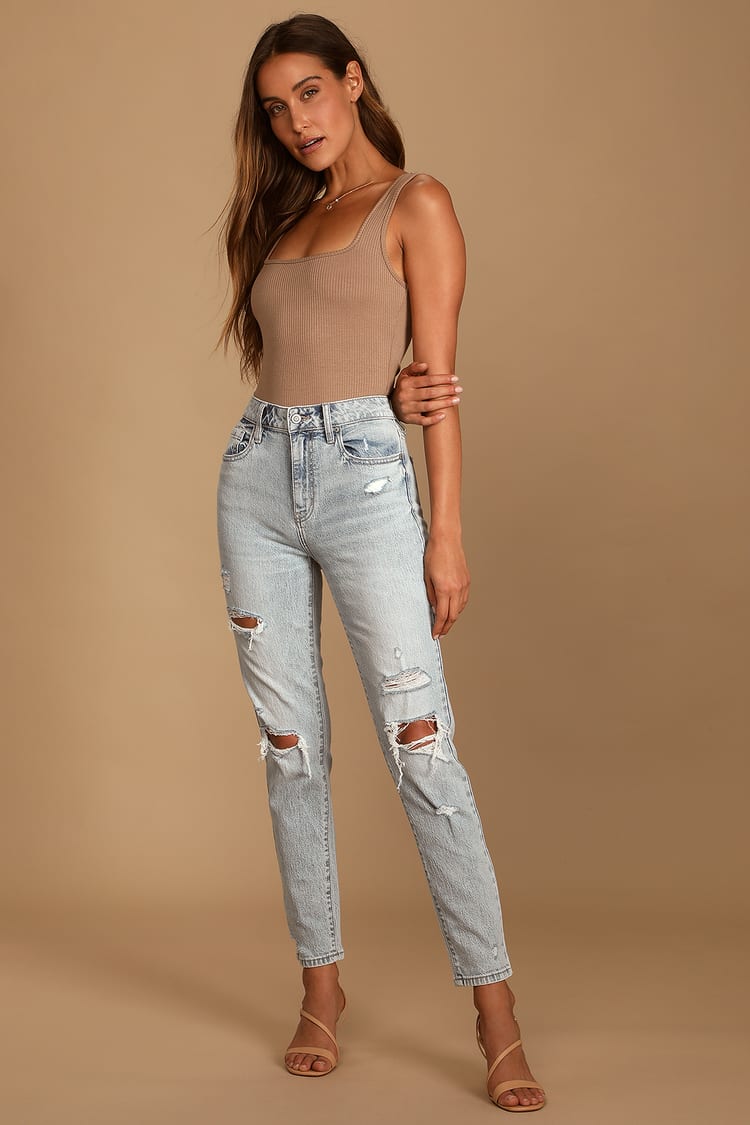 Light Wash Mom - Ripped High-Waisted Jeans Denim Jeans -